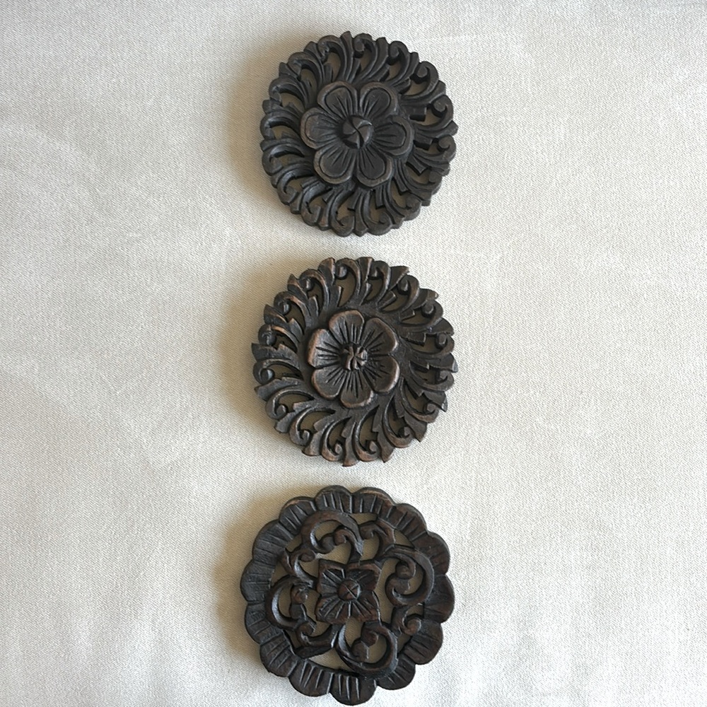 3x Handmade Teak Wood Wooden Flower Carving Circle Square Art Decor